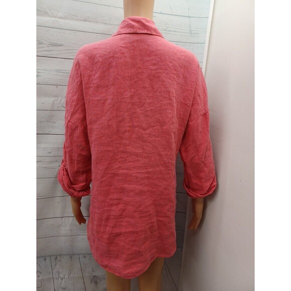 Chicos 100% Linen Button Up Top Tunic Sz 0 (Small) Red Roll Tab Sleeves - Picture 5 of 7